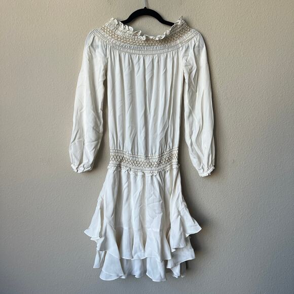 A.L.C. Ivory Silk Smocked Ruffle Mini Dress Size 0 - Picture 3 of 6